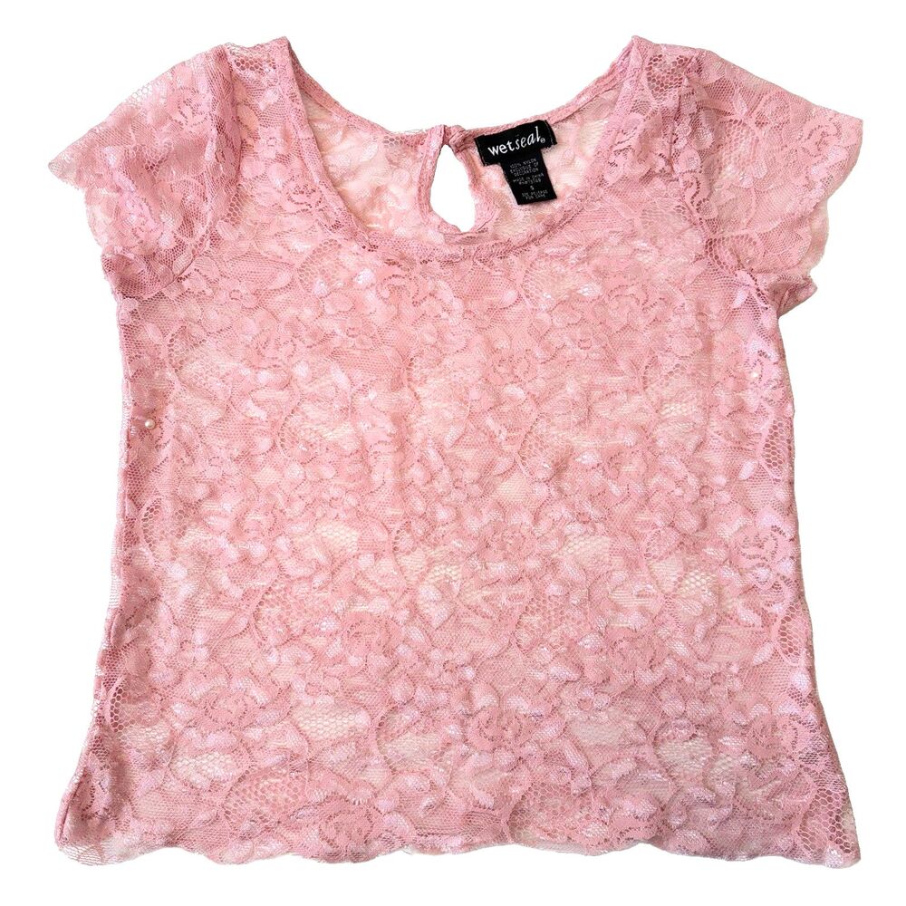 Vintage Y2K Wet Seal Short Sleeve Top Size S Pink Sheer Lace Coquette Fairycore